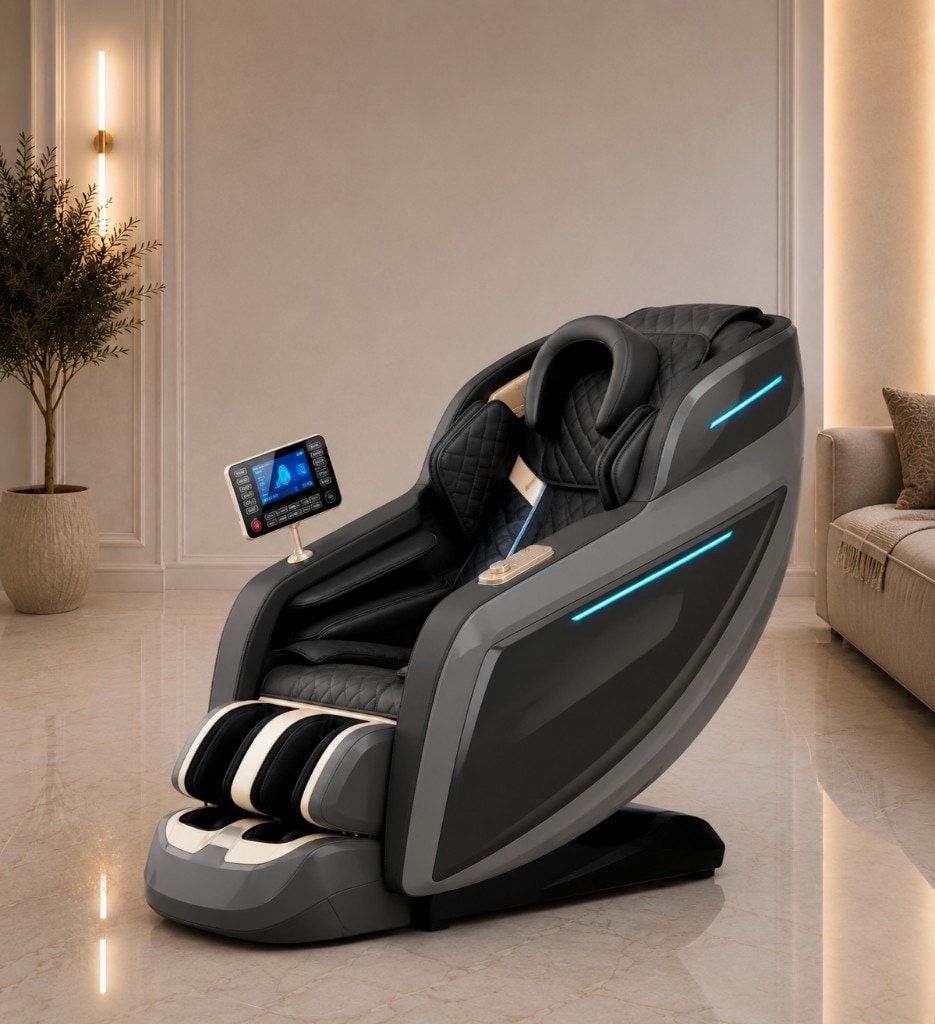 Leercon 988Q9 — Fotoliu cu 4 role mobile, șină SL 135 cm, 10 programe automate, încălzire și Zero Gravity.