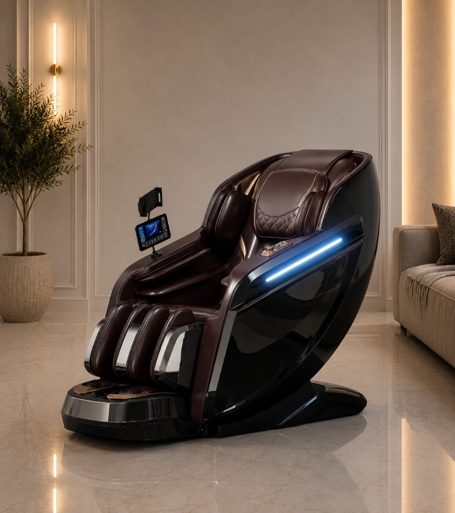 Leercon 988G Brown — Variantă maro elegantă. Mecanism cu 4 role, șină SL 135 cm, 10 programe + 6 tehnici de masaj.